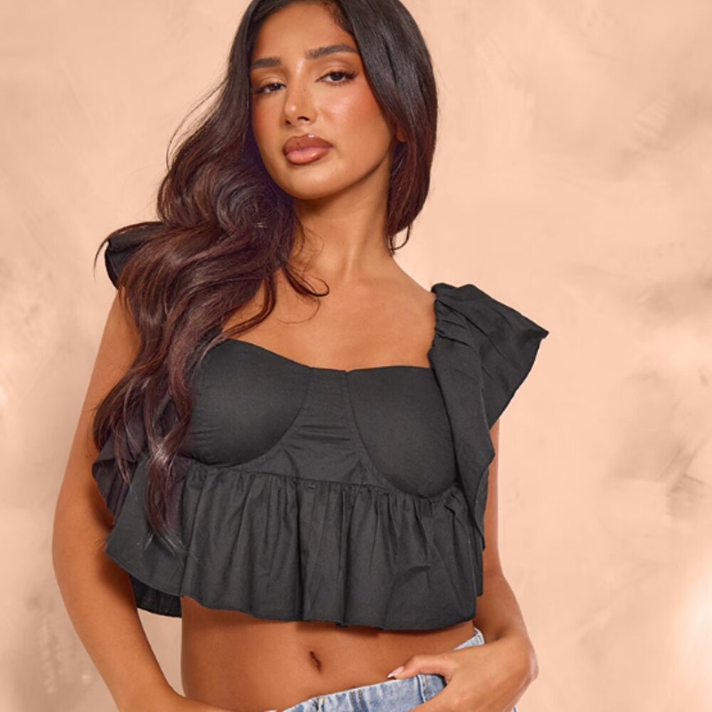 NEW: PLT Black Padded Cup Cotton Frill Detail Crop Top